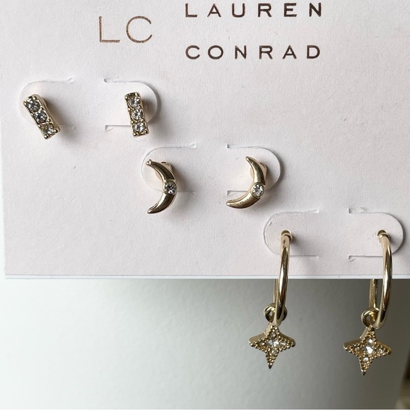 NWT LC LAUREN CONRAD Moon stud star hoop stud earrings, three pairs included - Picture 8 of 10